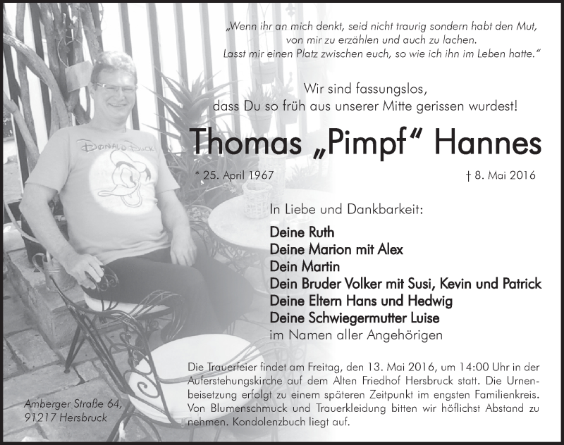  Traueranzeige für Thomas Hannes vom 12.05.2016 aus Hersbrucker Zeitung