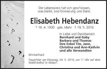 Traueranzeige von Elisabeth Hebendanz von Der Bote