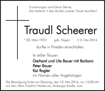 Traueranzeige von Traudl Scheerer von Hersbrucker Zeitung