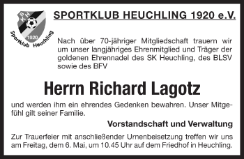 Traueranzeige von Richard Lagotz von Pegnitz-Zeitung