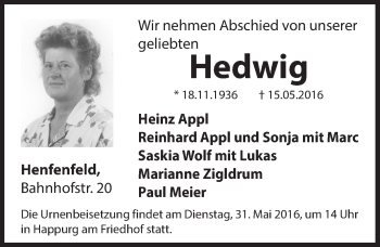 Traueranzeige von Hedwig Appl von Hersbrucker Zeitung
