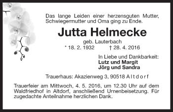 Traueranzeige von Jutta Helmecke von Der Bote