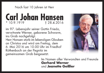Traueranzeige von Carl Johan Hansen von Pegnitz-Zeitung