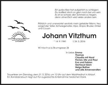 Traueranzeige von Johann Vitzthum von Der Bote