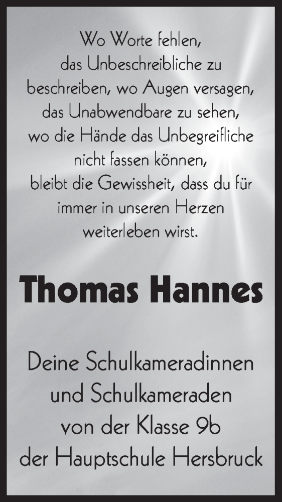  Traueranzeige für Thomas Hannes vom 12.05.2016 aus Hersbrucker Zeitung