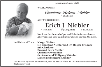 Traueranzeige von Erich J. Niebler von Pegnitz-Zeitung