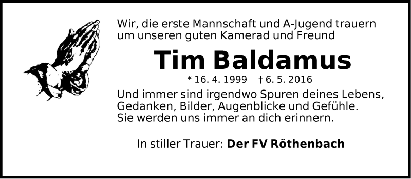  Traueranzeige für Tim Baldamus vom 14.05.2016 aus Der Bote