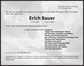 Traueranzeige von Erich Bauer von Der Bote