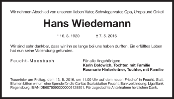 Traueranzeige von Hans Wiedemann von Der Bote