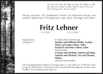 Traueranzeige von Fritz Lehner von Pegnitz-Zeitung