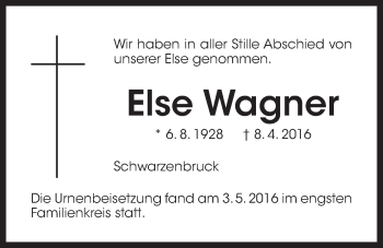 Traueranzeige von Else Wagner von Der Bote