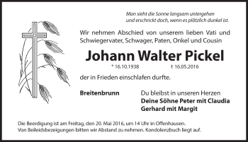 Traueranzeige von Johann Walter Pickel von Hersbrucker Zeitung