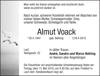 Traueranzeige von Almut Voack von Pegnitz-Zeitung