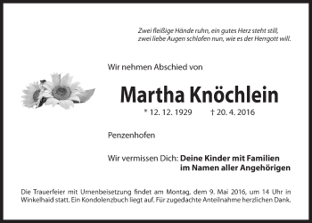 Traueranzeige von Martha Knöchlein von Der Bote