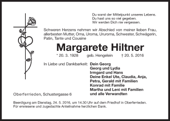 Traueranzeige von Margarete Hiltner von Der Bote