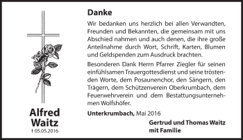 Traueranzeige von Alfred Waitz von Hersbrucker Zeitung