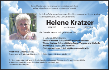 Traueranzeige von Helene Kratzer von Hersbrucker Zeitung