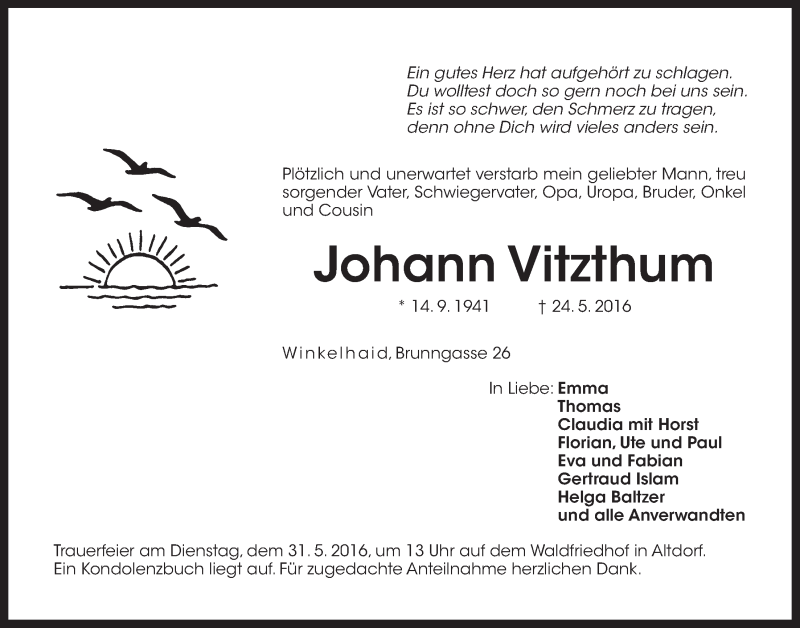  Traueranzeige für Johann Vitzthum vom 28.05.2016 aus Der Bote