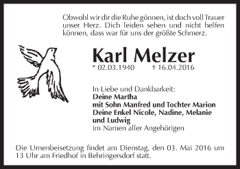 Traueranzeige von Karl Melzer von Pegnitz-Zeitung
