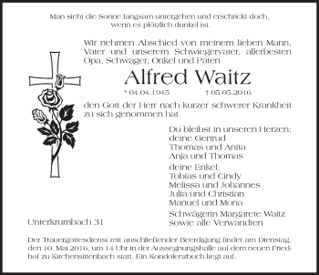 Traueranzeige von Alfred Waitz von Hersbrucker Zeitung