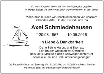 Traueranzeige von Axel Schmiedehausen von Der Bote
