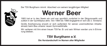 Traueranzeige von Werner Beer von Der Bote