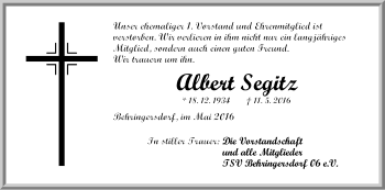 Traueranzeige von Albert Segitz von Pegnitz-Zeitung
