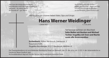 Traueranzeige von Hans Werner Weidinger von Hersbrucker Zeitung