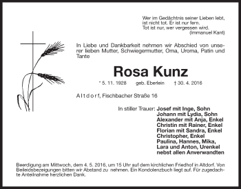 Traueranzeige von Rosa Kunz von Der Bote