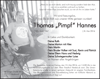 Traueranzeige von Thomas Hannes von Hersbrucker Zeitung