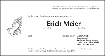 Traueranzeige von Erich Meier von Pegnitz-Zeitung