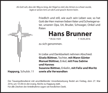 Traueranzeige von Hans Brunner von Hersbrucker Zeitung