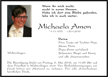Traueranzeige von Michaela Amon von Hersbrucker Zeitung