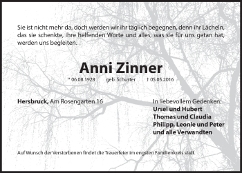 Traueranzeige von Anni Zinner von Hersbrucker Zeitung