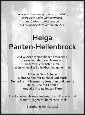 Traueranzeige von Helga Panten-Hellenbrock von Der Bote