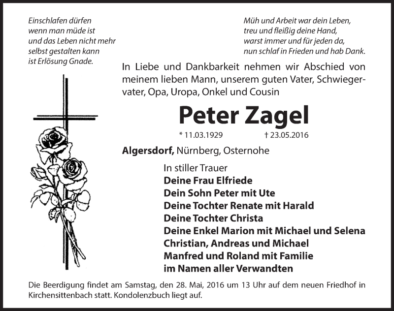  Traueranzeige für Peter Zagel vom 25.05.2016 aus Hersbrucker Zeitung