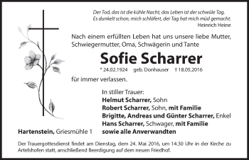 Traueranzeige von Sofie Scharrer von Hersbrucker Zeitung