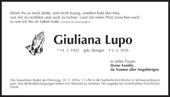 Traueranzeige von Giuliana Lupo von Der Bote