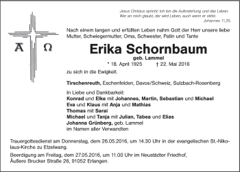 Traueranzeige von Erika Schornbaum von Hersbrucker Zeitung