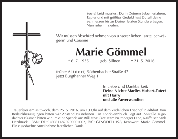 Traueranzeige von Marie Gömmel von Der Bote