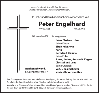 Traueranzeige von Peter Engelhard von Hersbrucker Zeitung