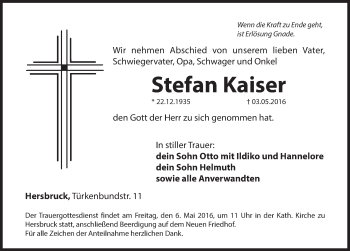 Traueranzeige von Stefan Kaiser von Hersbrucker Zeitung