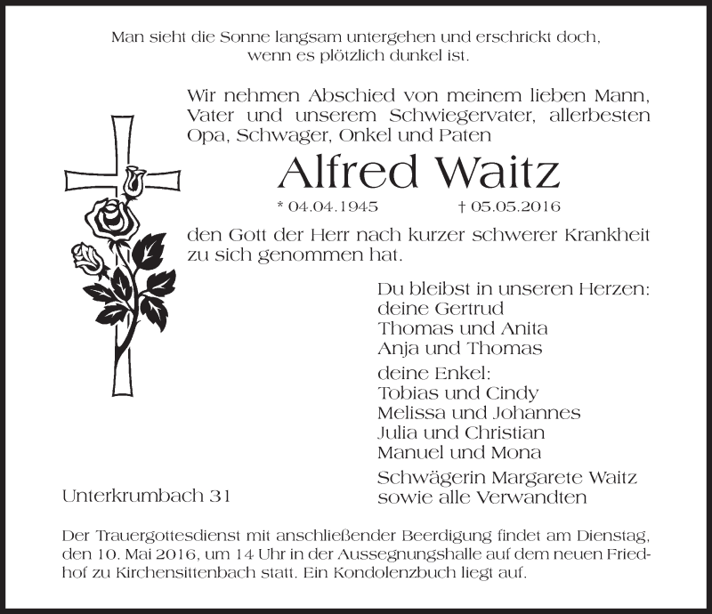  Traueranzeige für Alfred Waitz vom 09.05.2016 aus Hersbrucker Zeitung