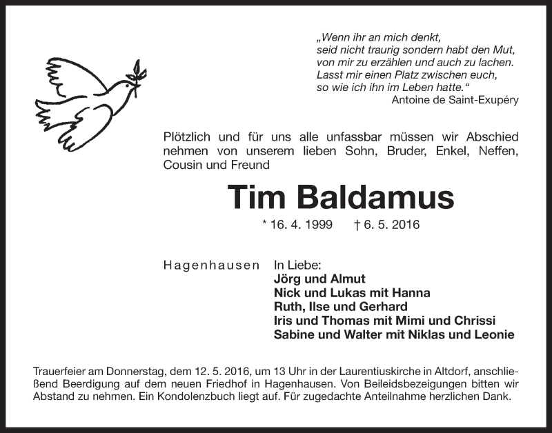  Traueranzeige für Tim Baldamus vom 11.05.2016 aus Der Bote