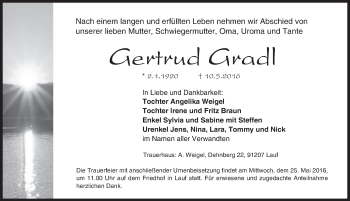 Traueranzeige von Gertrud Gradl von Pegnitz-Zeitung