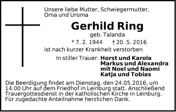 Traueranzeige von Gerhild Ring von Pegnitz-Zeitung