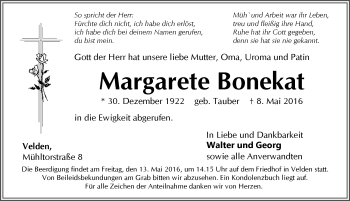 Traueranzeige von Margarete Bonekat von Hersbrucker Zeitung