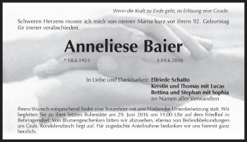 Traueranzeige von Anneliese Baier von Pegnitz-Zeitung