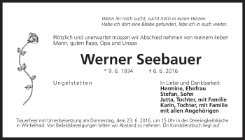 Traueranzeige von Werner Seebauer von Der Bote