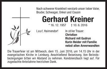 Traueranzeige von Gerhard Kreiner von Der Bote
